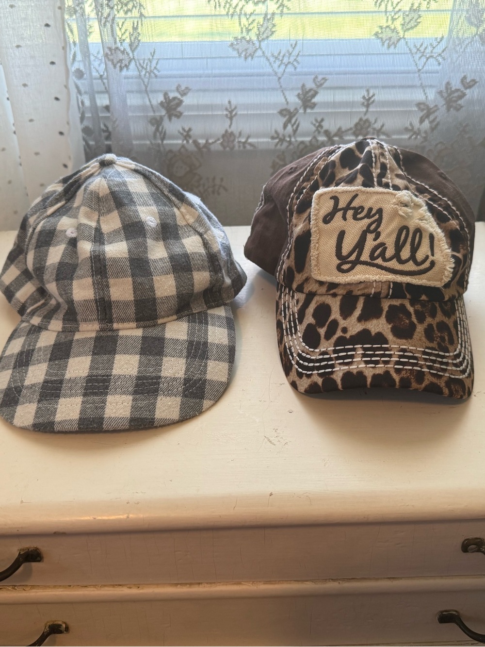 Hey Y'all Leopard Print women’s Cap and Gray Plaid women’s Hat Set